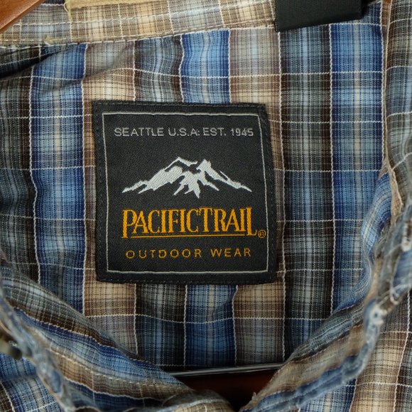 Pacific Trail Mens Button Up Shirt Small Blue Beige Check Striped Outdoor Retro - Picture 11 of 13